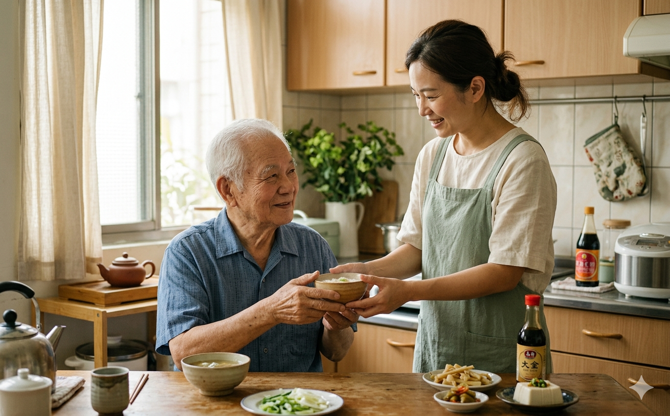 照顧服務員溫柔地陪伴長輩翻閱家族相簿,午後暖光灑進熟悉的客廳,眼神之間滿是信任與安心